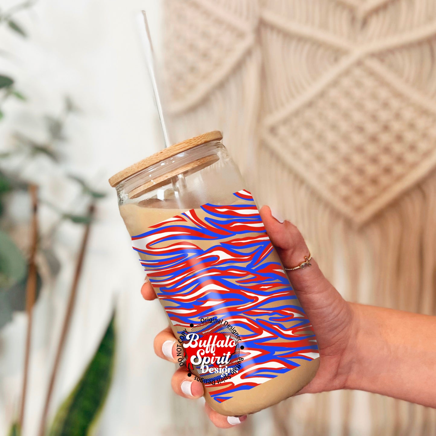 Buffalo Football Stripes Cup Classic Buffalo Football Glass Cup | 16oz Iced Coffee Cup with Bamboo Lid