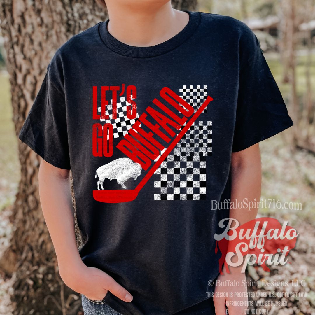 Let's Go Buffalo Hip Check | Buffalo Hockey Kids Shirt
