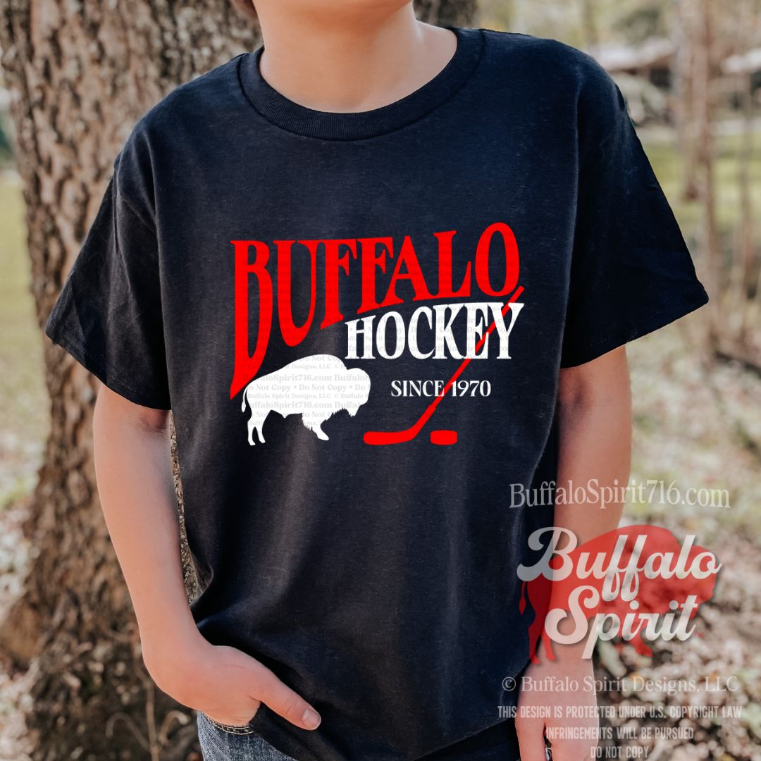 Buffalo Hockey Since 1970 Stick | Buffalo Hockey Kids Shirt