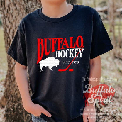 Buffalo Hockey Since 1970 Stick | Buffalo Hockey Kids Shirt