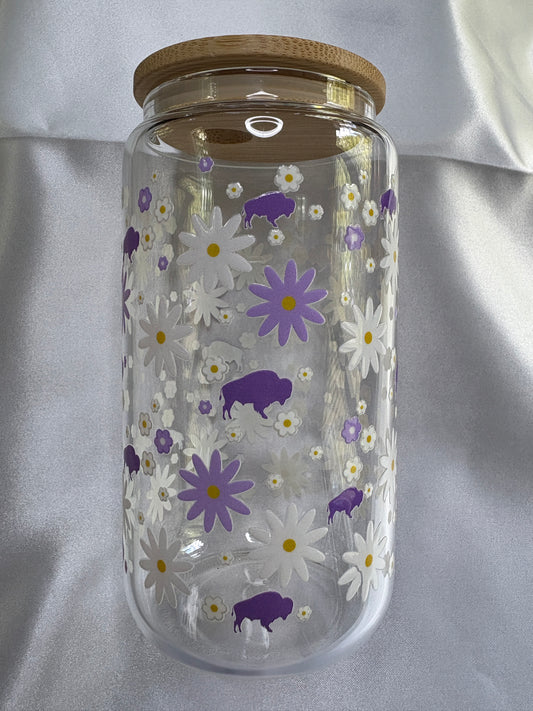 Purple Daisies and Buffaloes Glass Cup Purple Daisies & Buffaloes Glass Cup | Floral 16oz Cup with Bamboo Lid