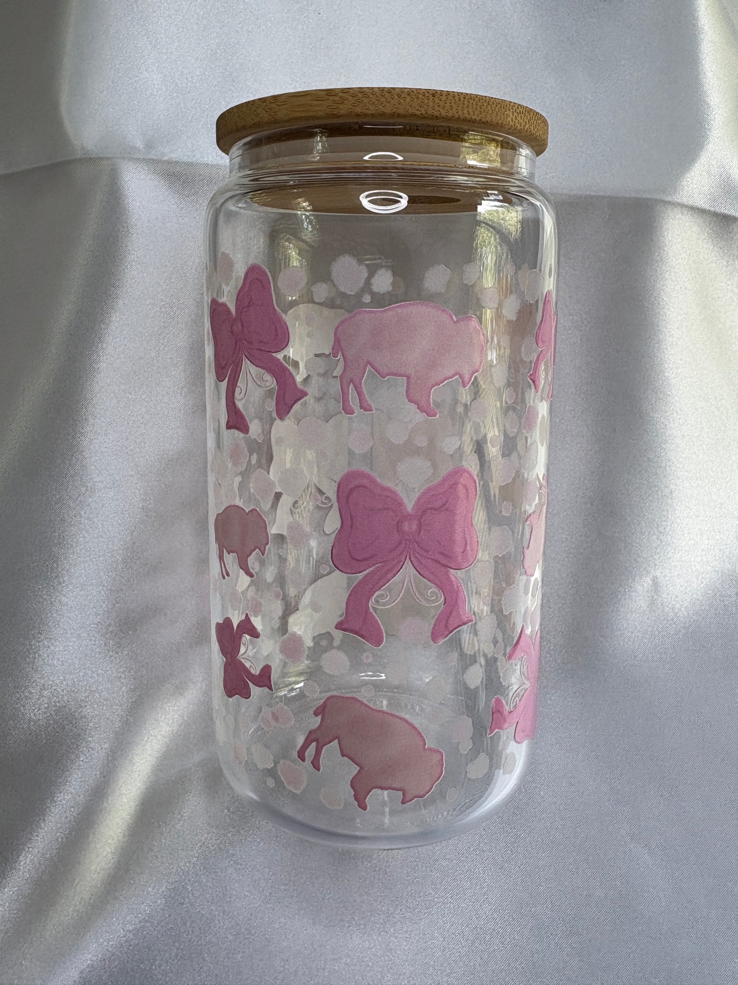 Pink Buffaloes and Bows Glass Cup Pink Buffaloes & Bows Glass Cup | Girly Buffalo Cup with Lid & Straw