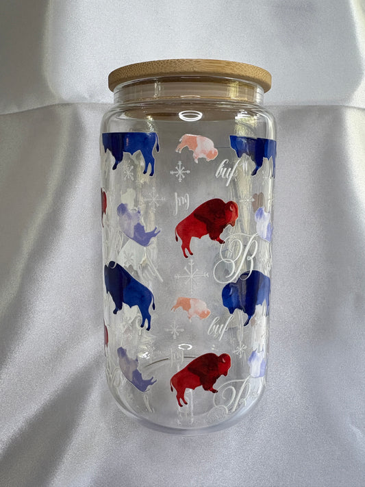 Buffalo Football Glass Cup Pretty Buffalo Football Glass Cup | 16oz Iced Coffee Cup with Bamboo Lid