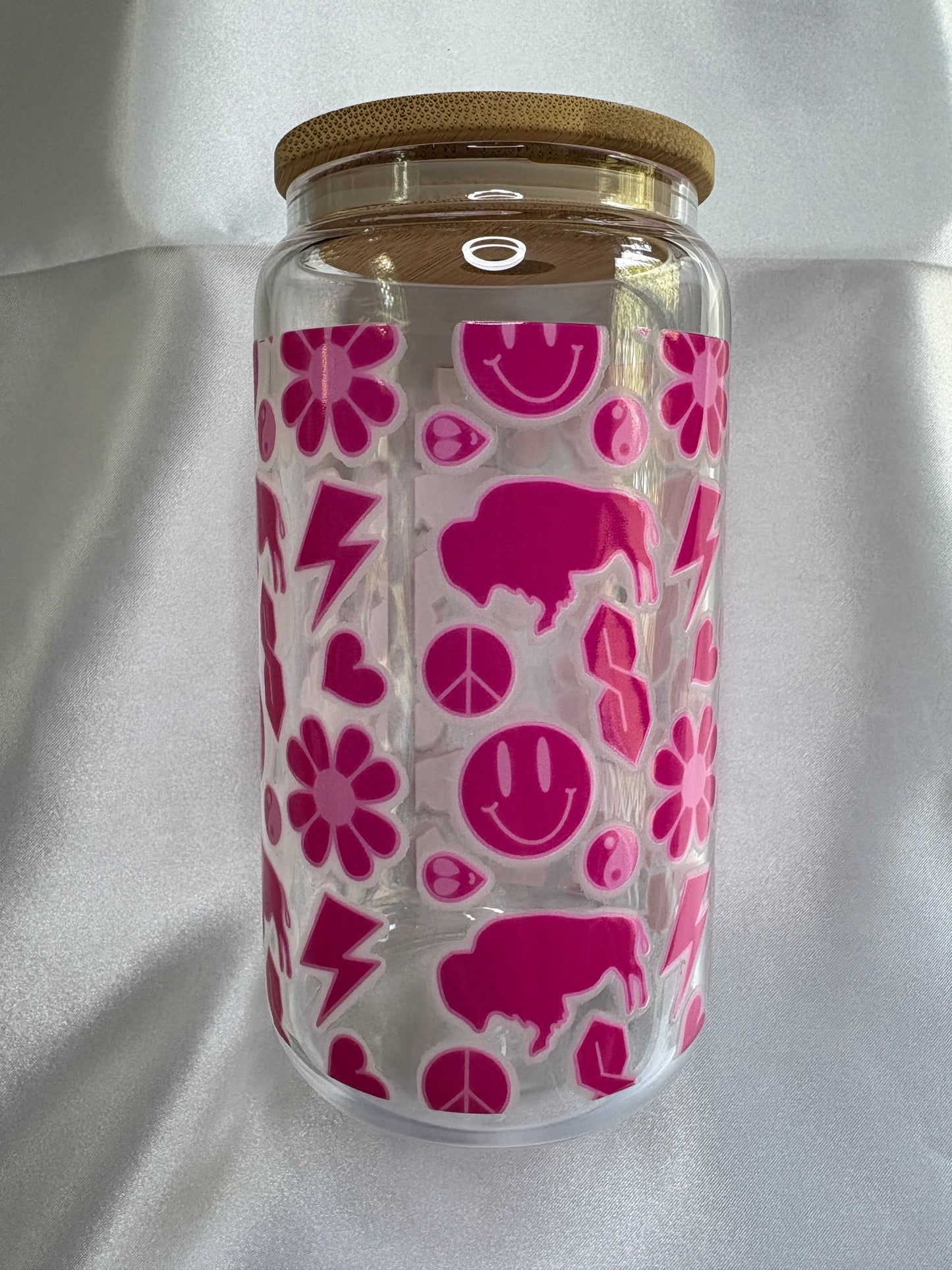 Hot Pink Buffalo 90s Theme Glass Cup Hot Pink 90s Buffalo Glass Cup | Retro Iced Coffee Cup with Lid & Straw