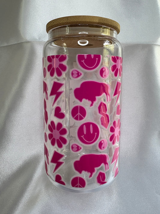 Hot Pink Buffalo 90s Theme Glass Cup Hot Pink 90s Buffalo Glass Cup | Retro Iced Coffee Cup with Lid & Straw